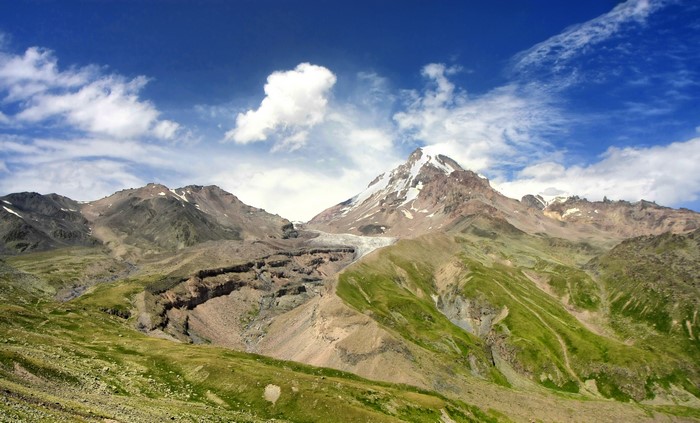 Mount Kazbek glacier and surrounding mountains in Georgia