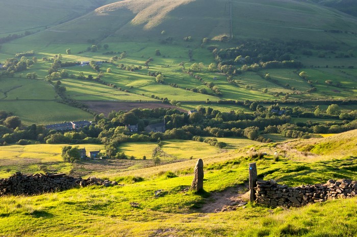 Green rolling hills with a stone path and ancient standing stones