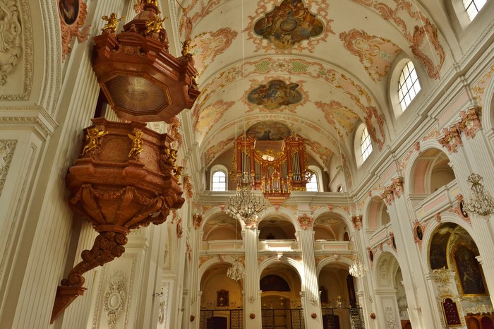 Interior of a church with a pulpit and organ