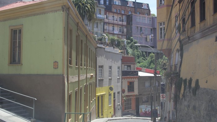Colorful houses on a steep street in Valparaiso, Chile