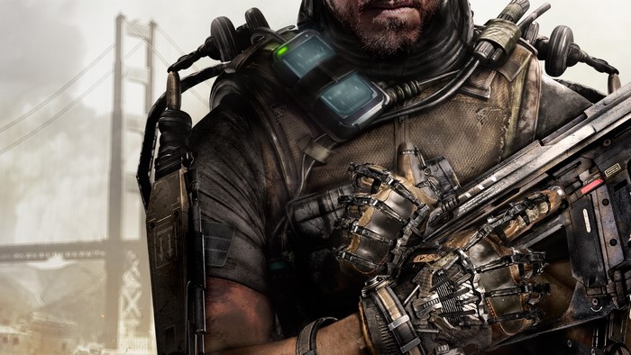 Soldier with advanced weaponry in front of a bridge