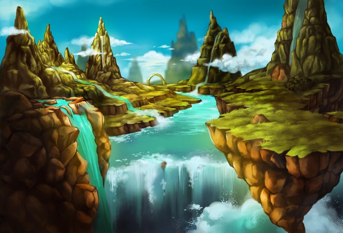 Fantasy landscape with waterfalls and rivers