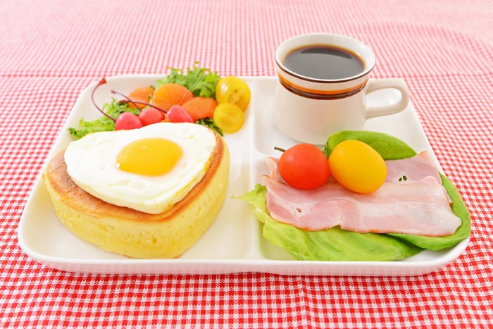 Breakfast plate with fried egg, ham, and coffee