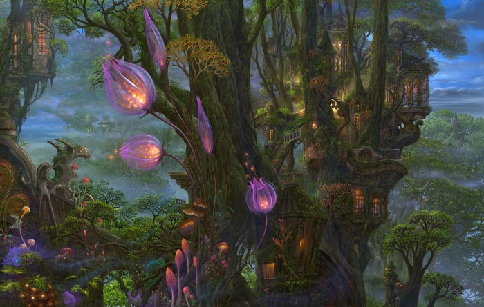 Enchanted forest with glowing flowers and treehouses
