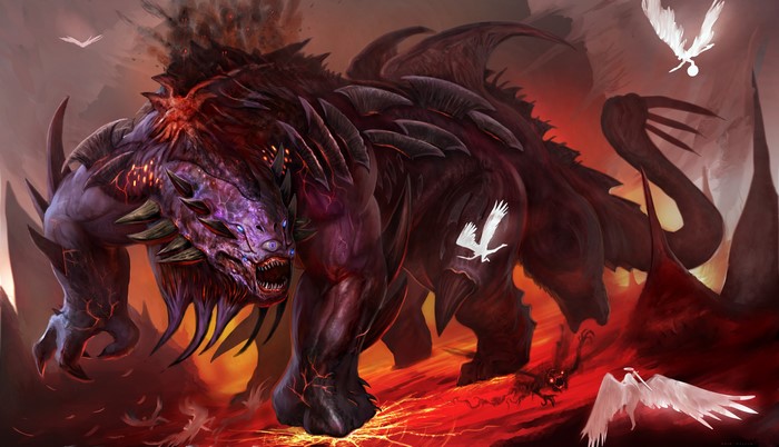 Monster battling angels in a fiery landscape