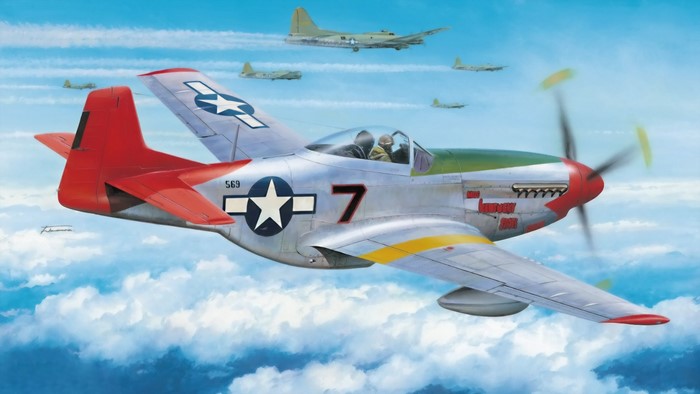P-51 D Mustang with B-17 Bombers in Flight