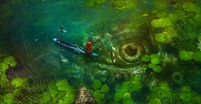 Fisherman in a boat on a lake with a giant eye