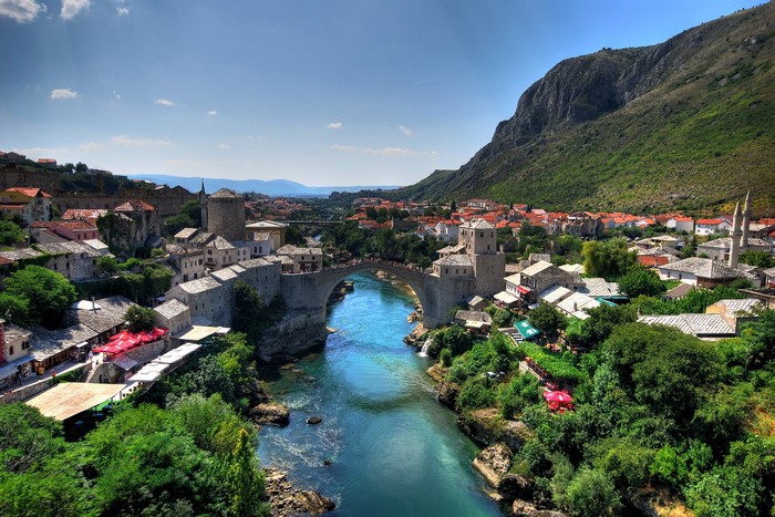 Stari Most bridge over Neretva River in Mostar, Bosnia and Herzegovina