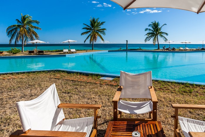 Resort pool with palm trees and ocean view