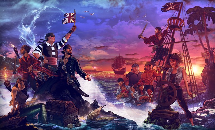 Pirates on a rocky shore with a ship and mermaid