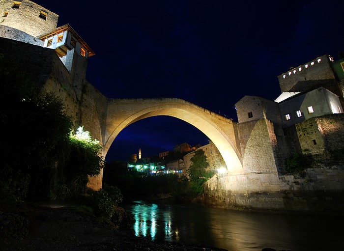 Old Bridge Mostar at night over Neretva River