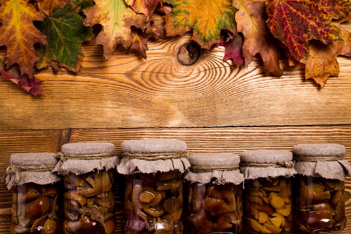 Jars of preserved mushrooms with autumn foliage