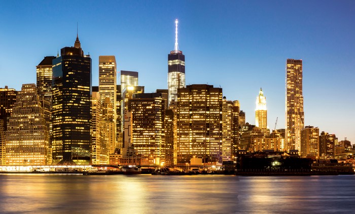 New York City Skyline at Night over River