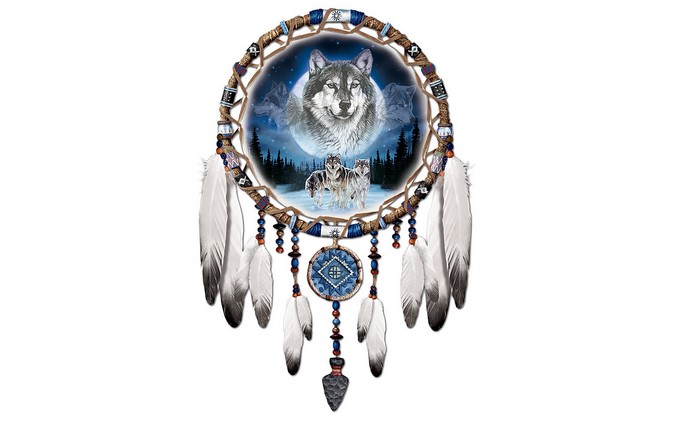 Dreamcatcher with Wolves and Feathers