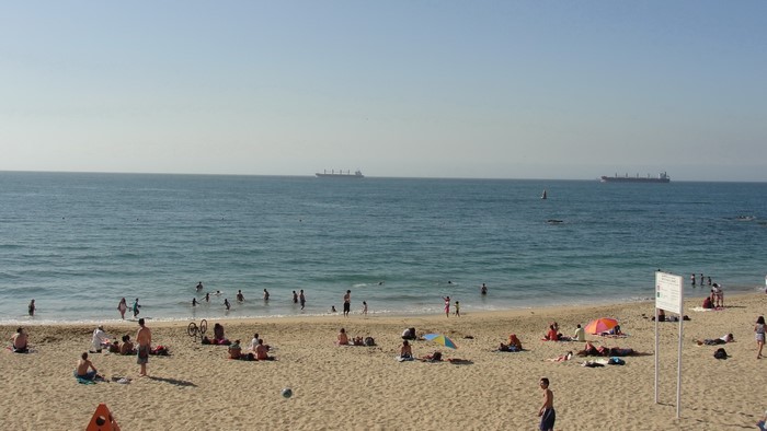 People on a sandy beach with ships on the horizon