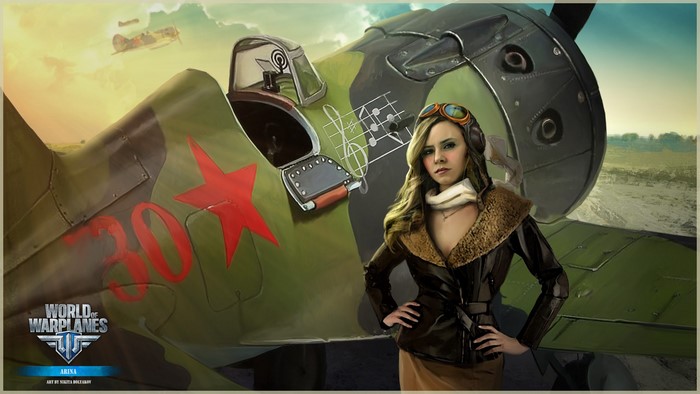 Arina from World of Warplanes with a Soviet fighter plane