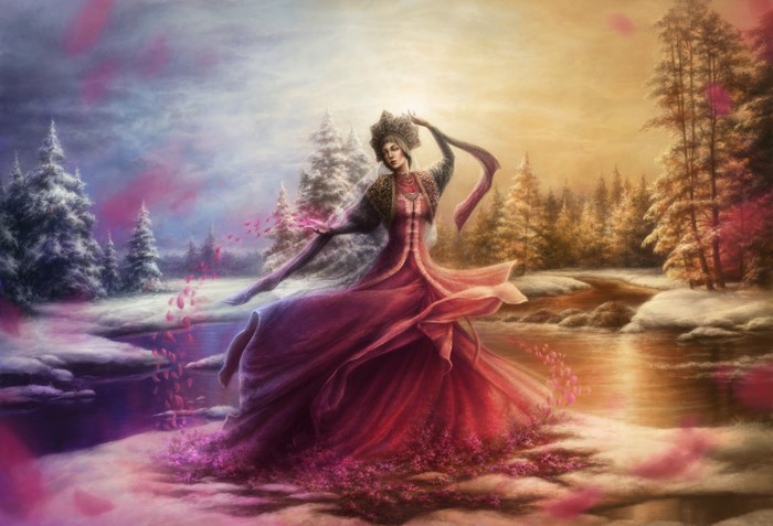 Mara dancing in a winter landscape by a lake