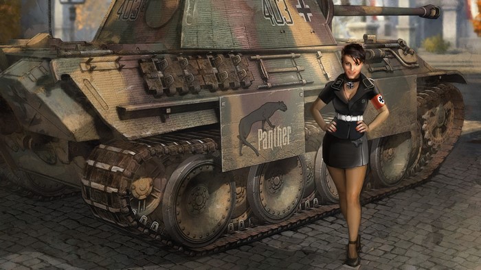 Woman in German uniform and Panther tank