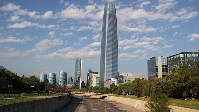 Santiago skyline with Costanera Center and Mapocho River