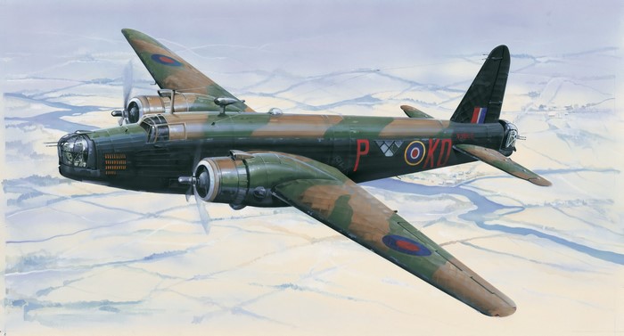 Vickers Wellington bomber flying over countryside