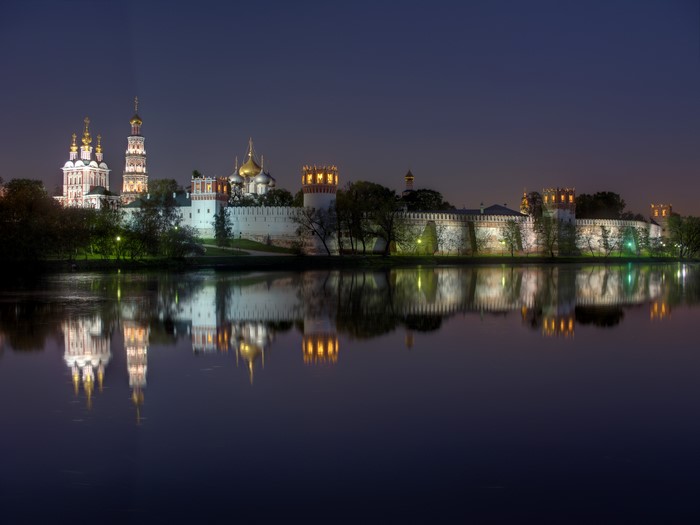 Novodevichy Convent in Moscow, Russia at Night