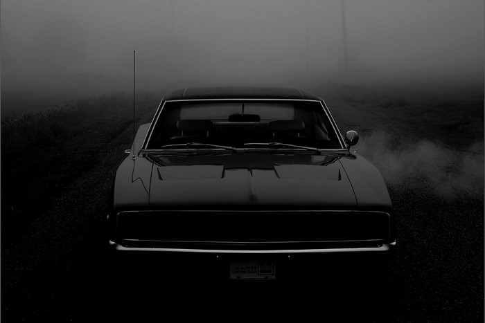 Black 1968 Dodge Charger R/T Muscle Car in Fog