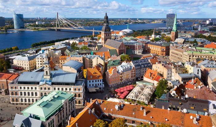 Riga, Latvia: Aerial View of Old Town and River