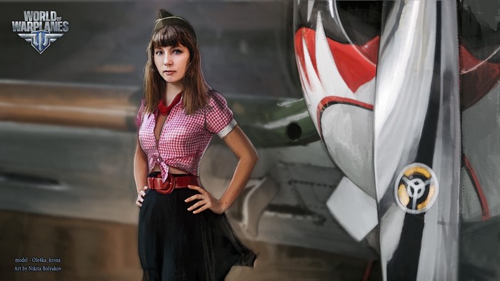Woman in pin-up style outfit next to World of Warplanes aircraft