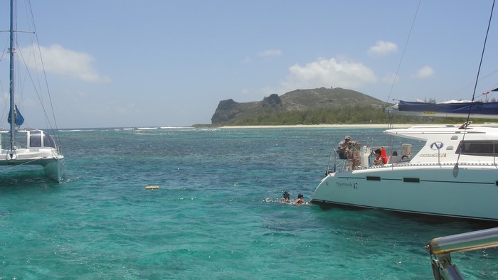 Catamarans and snorkelers in Mauritius