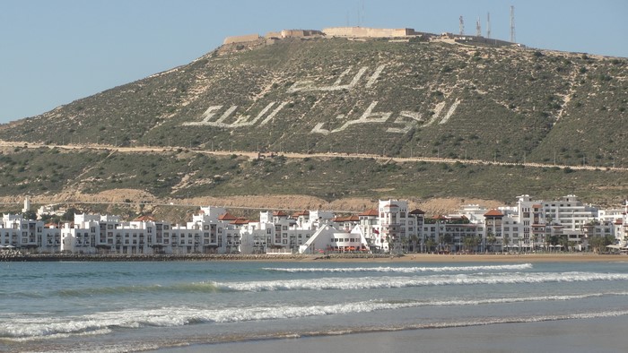 Agadir city on the coast of Morocco with mountains