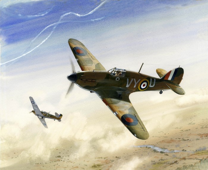 Hawker Hurricanes in flight over a landscape