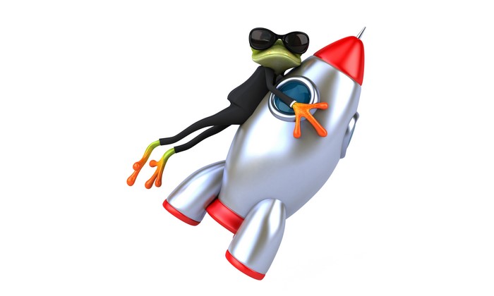 Frog in a suit riding a rocket