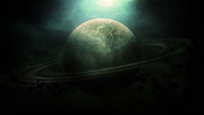 Planet with rings and asteroids in space
