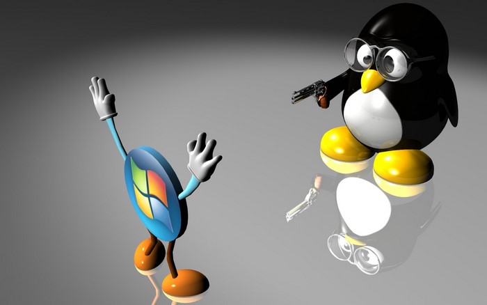 Linux penguin with gun points at Windows logo