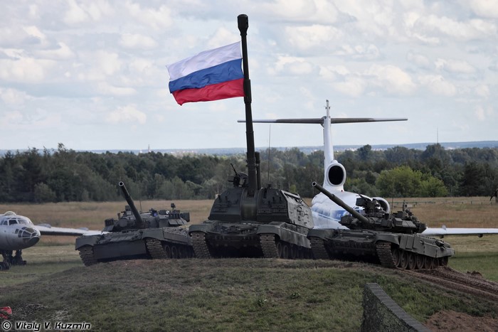Russian tanks and aircraft with Russian flag
