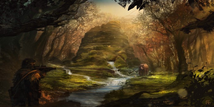 Painting of a sniper aiming at a bear by a stream