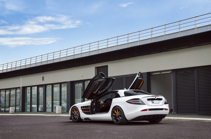 White Mercedes-Benz SLR McLaren Gemballa GT with doors open