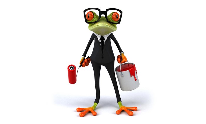 Frog in a suit with glasses holding a paint roller and can
