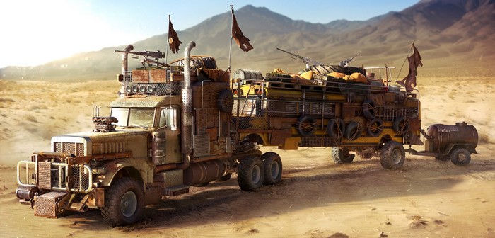 Post-apocalyptic truck with trailer in desert