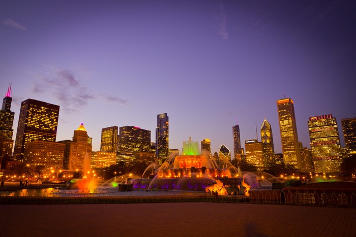 Chicago Skyline with Buckingham Fountain at Dusk