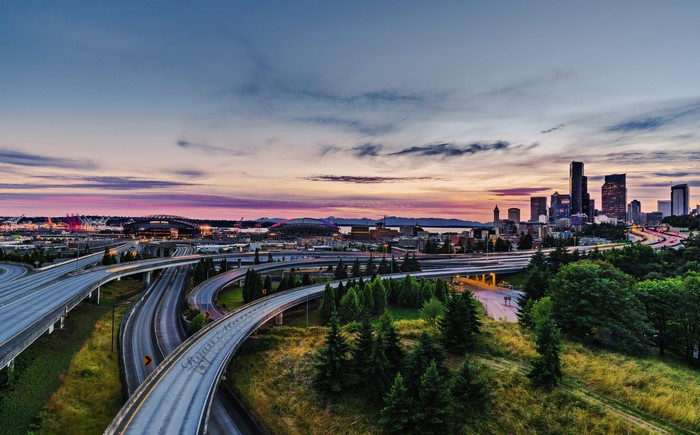 Seattle Skyline and Highway Interchange at Sunset