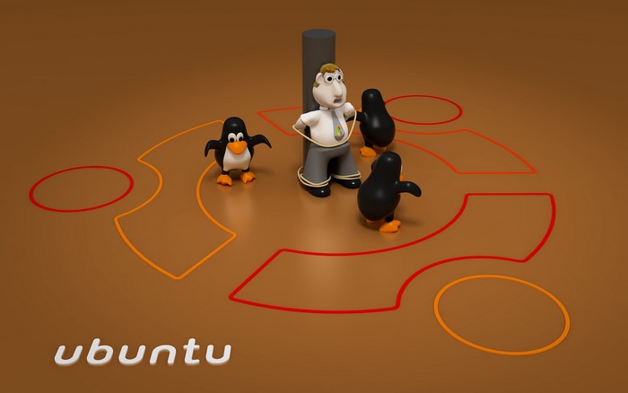 Tux penguins and a man in Ubuntu logo