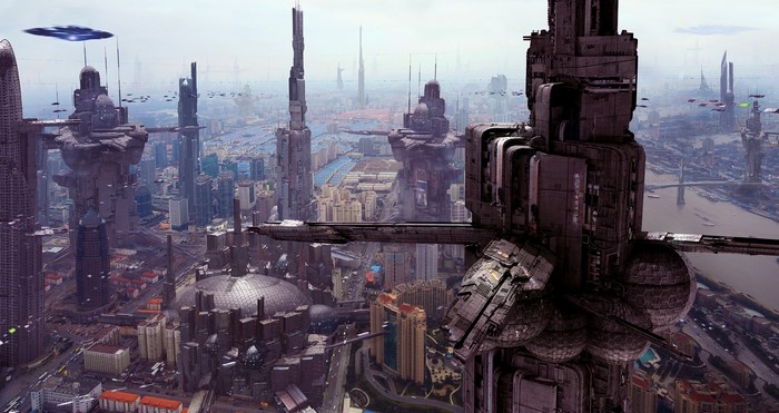 Futuristic megalopolis with flying vehicles and advanced architecture