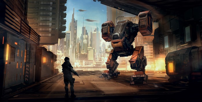 Soldier facing a giant robot in a futuristic city