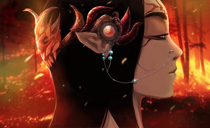 Character with horns and jewelry in a burning forest
