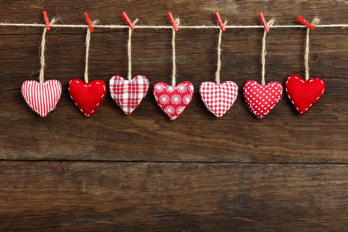 Valentine's Day hearts hanging on a clothesline