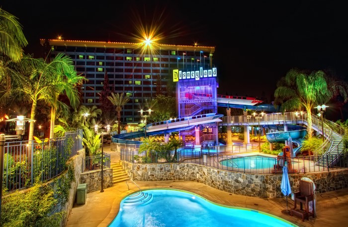 Disneyland Hotel Pools and Water Slides at Night