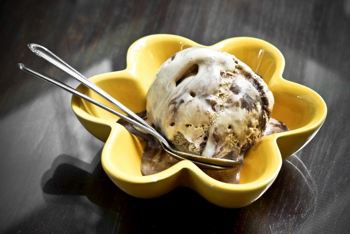 Ice cream in a yellow bowl with spoons