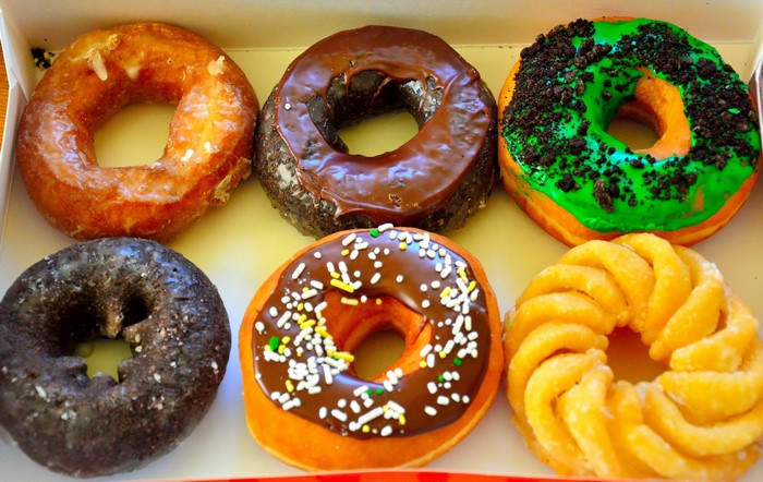 Assortment of six donuts in a box
