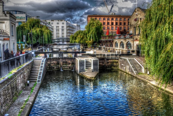 London Canal Locks with Buildings and Trees